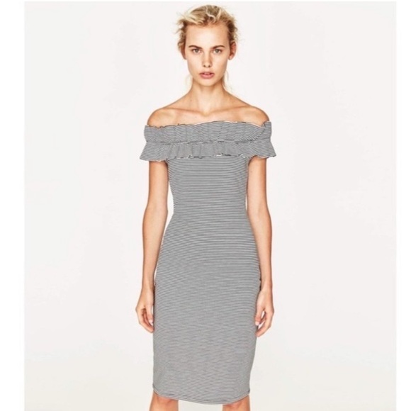 Zara Trafaluc Size S Black/White Striped Ruffle Dress - Picture 1 of 9
